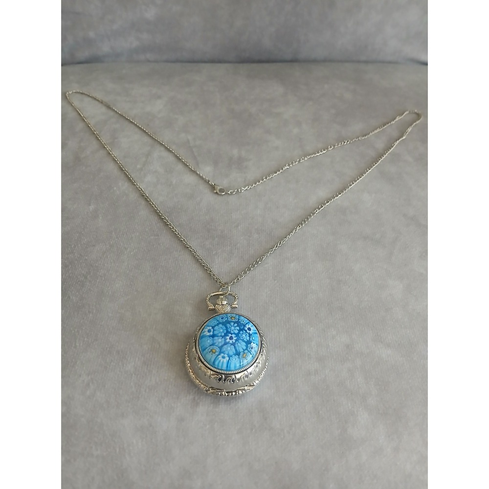 Strada Silver Tone Blue Millefiori Glass Pocket Watch Necklace Vintage Style